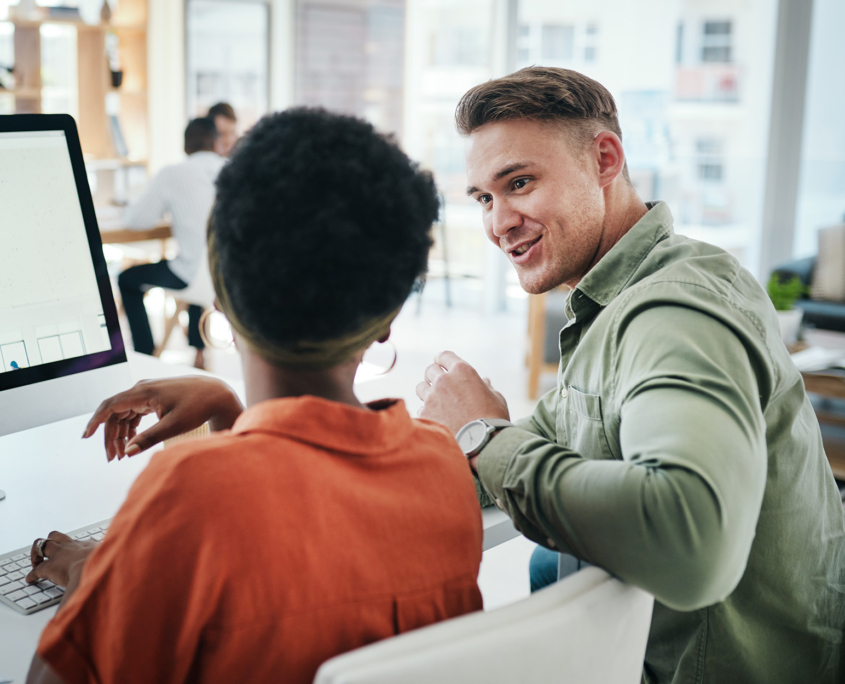 Business People, Teamwork And Computer Screen In Office With Helping To Choose Design Layout For Online Campaign